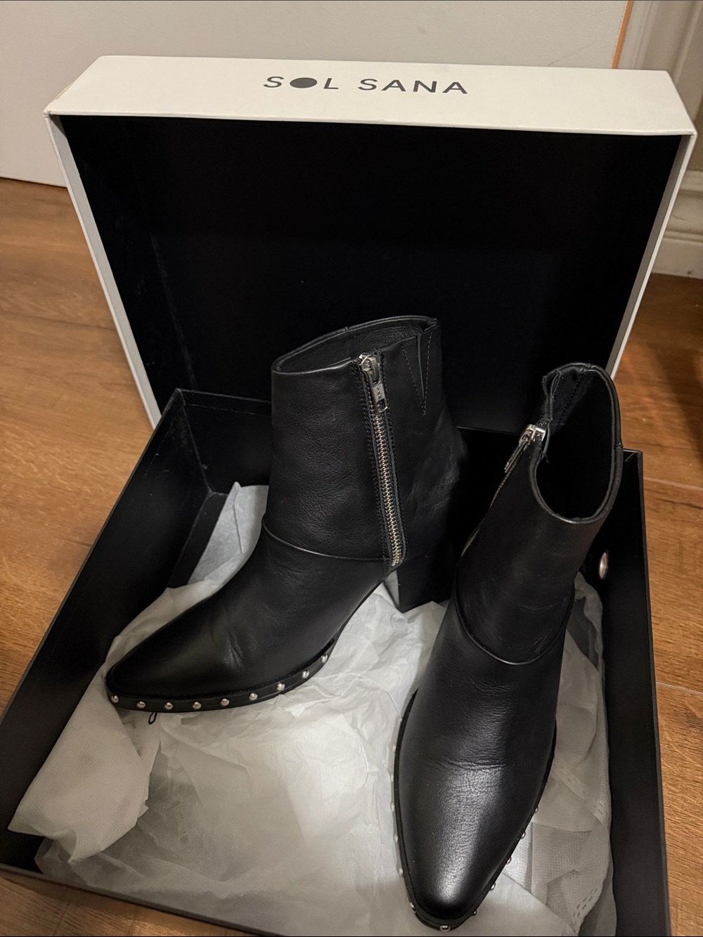 Sol Sana Black Leather Studded Zip Ankle Booties